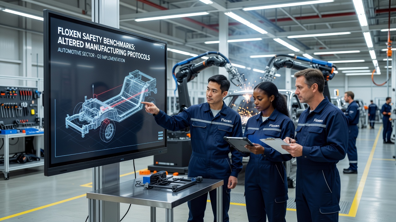Engineers reviewing Floxen test results on digital dashboards in a modern factory setting